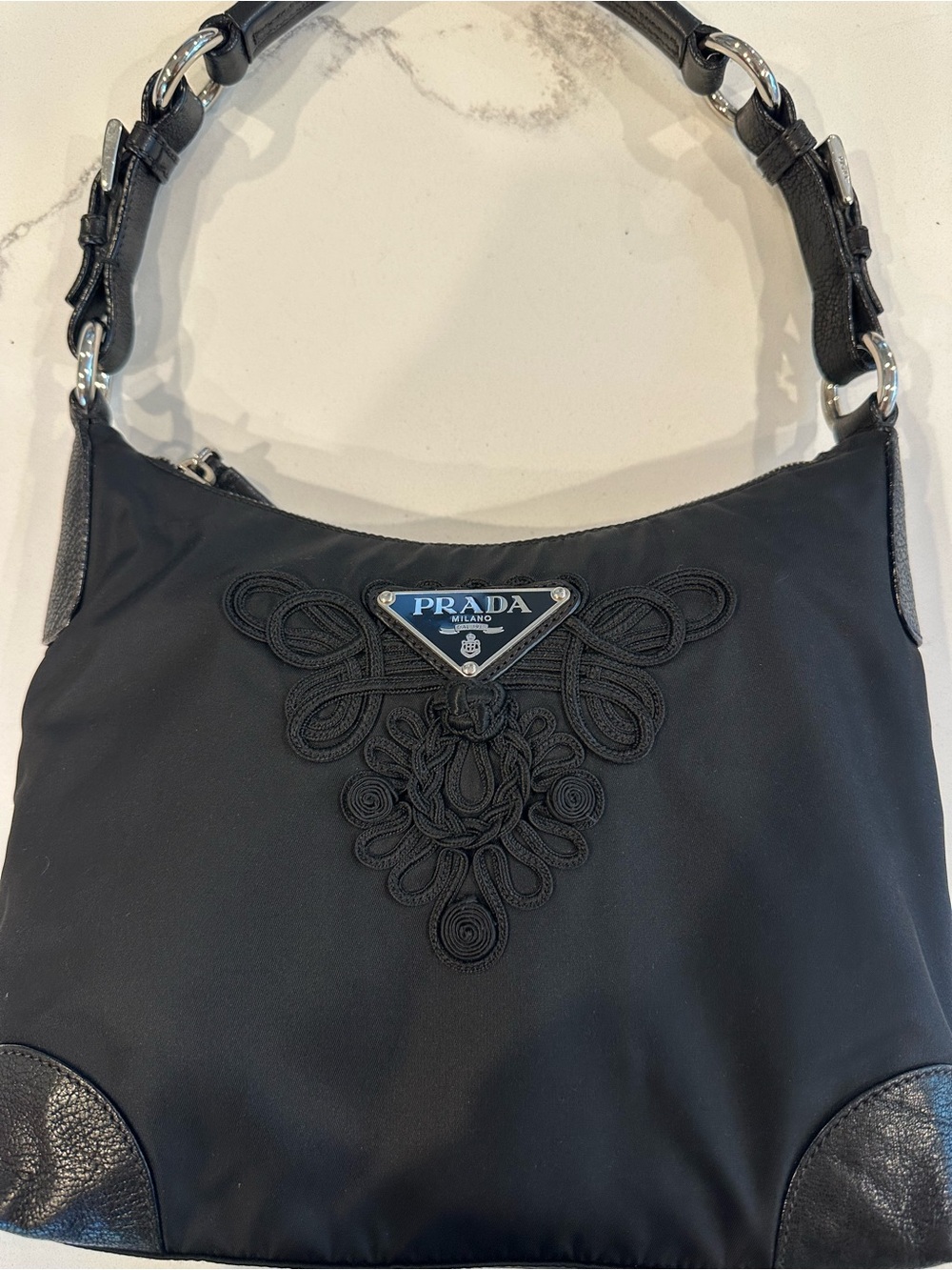 Pristine vintage Prada Tessuto Passamaneria embroidered black nylon shoulder bag